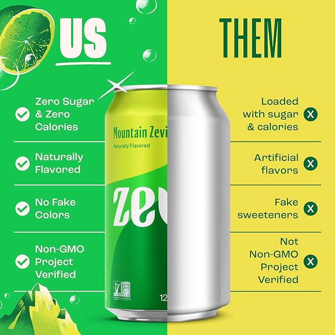 Zevia Zero Sugar Soda, Mountain Zevia, 12 oz Cans (24-Pack) – Naturally Sweetened, Non-GMO Project Verified, Gluten-Free, Vegan