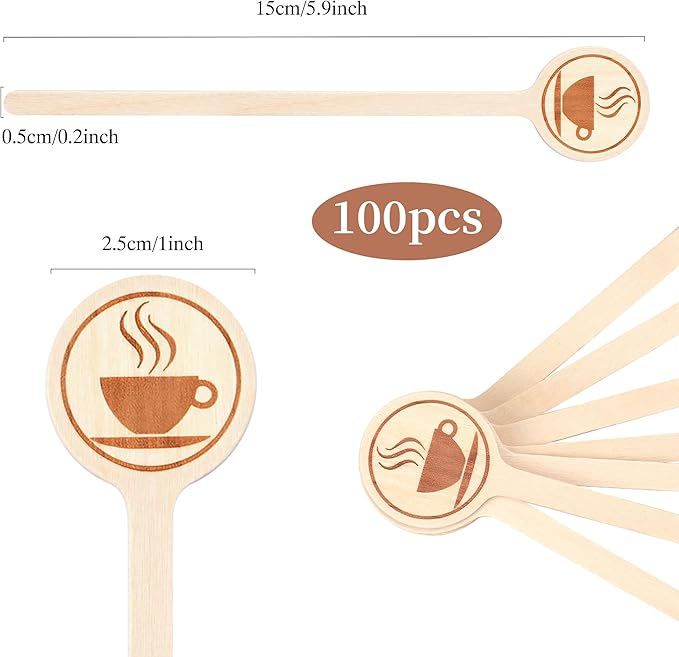 100Pcs Coffee Stirrers-5.9 Inch Natural Wooden Stir Sticks with Round Ends, Disposable Biodegradable Cafe Grade Coffee Stir Sticks Wood Beverage Mixer for Coffee Cocktails Milk Tea