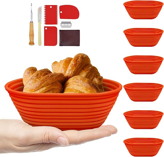 Silicone Banneton, Sourdough Bread Baskets (Set of 6, 6.5 Inch), Oval Proofing Bread Bowls with Starter Kit, Bread Making Baking Supplies