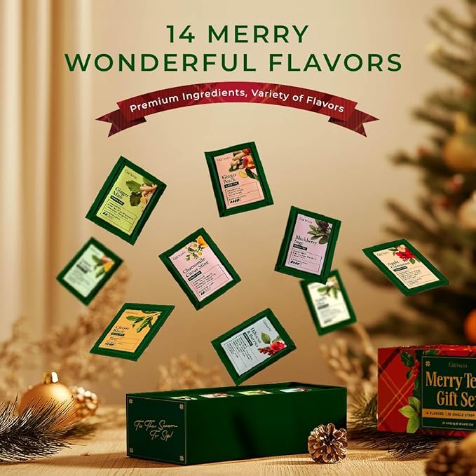Gya Tea Co 14 Flavors Merry Tea Gift Set Variety Pack (28 Packs) - Assorted Loose Leaf Tea Sampler for Warm Holidays - Get Well Gifts With Infuser & Spoon