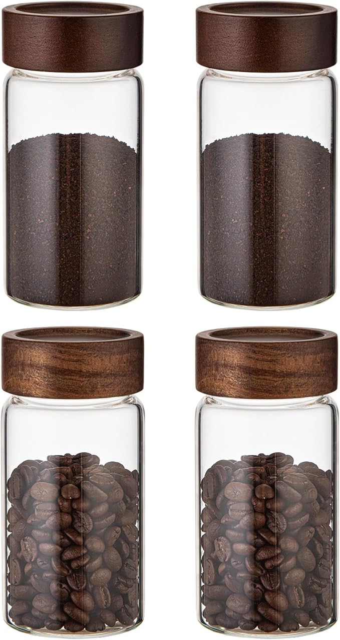 Large Glass Coffee Jars, Round Storage Canister with Wooden Lid Clear Glass Food Jar for Pantry Sugar Tea Coffee Bean Spice Nuts Cookies Bath Salts (4×250ml(8.4oz))
