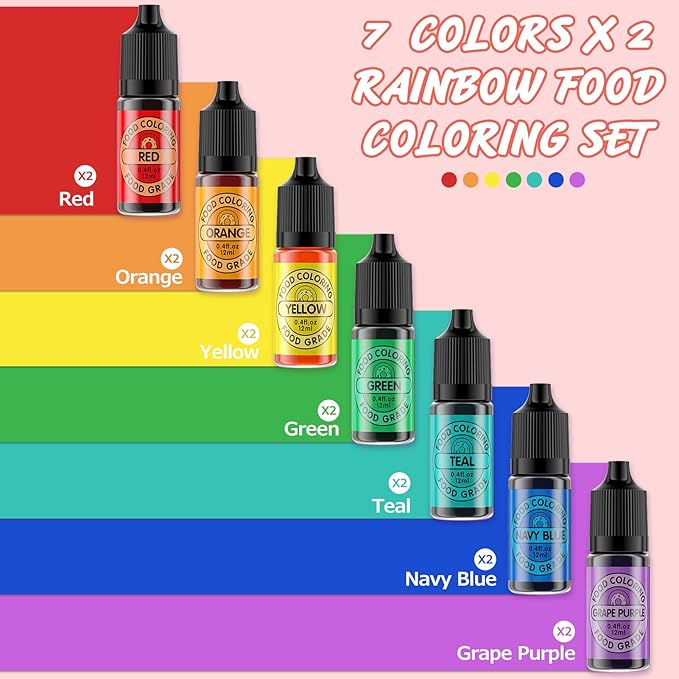 Food Coloring Set for Cake Decorating Rainbow Edible Food Dye for Baking Royal Icing Cookie Supplies Gluten Free 14x12ml Food Grade Liquid Food Color Kit, 0.4 Fl. Oz/Bottles
