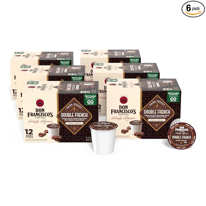 Don Francisco's Double French Dark Roast Coffee - 72 K-Cup Compatible Single-Serve Pods - Bold, Smoky Flavor - 100% Arabica - Recyclable - Rich Aroma, Full-Bodied Taste - Compatible with Keurig Brewers