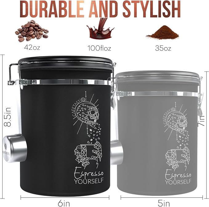 Large Coffee Canister – Airtight Stainless Steel Storage Container with Date Tracker & Scoop, Sealed Jar for Grounds, Beans, Tea, Flour, Cereal, and Sugar (Black Esspresso, 38OZ)