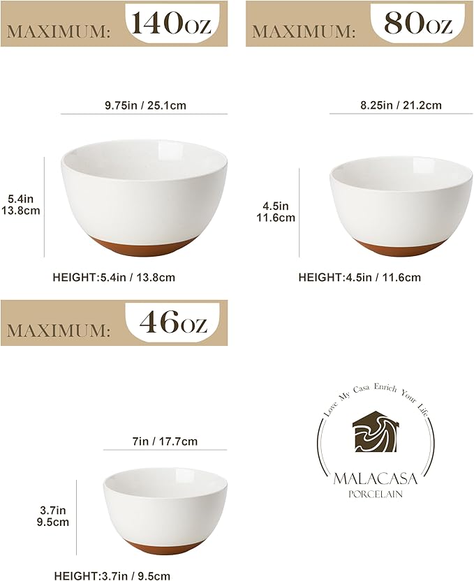 MALACASA Ceramic Mixing Bowls, Large Serving Bowls for Mixing, Cooking, Prepping, Baking, Salad, Soup, Pasta, Nesting Bowls Set of 3, 4.38/2.5/1.44 Qt, Oven, Microwave and Dishwasher Safe, Series TARA