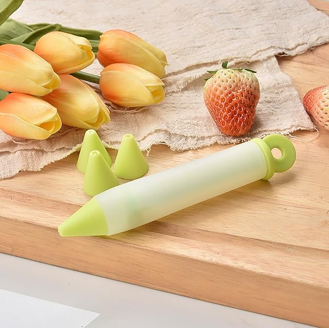 Cake Decorating Pen Dessert Decorating Tool, Silicone Food Syringe Cylinder with 4 Heads Cookie Icing Piping Nozzles Used for Chocolate Jam, Lettering, Drawing, Cream (Green)
