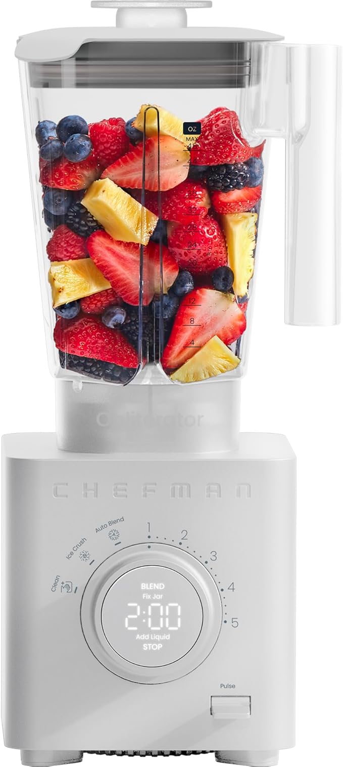 Chefman Obliterator 48 oz Countertop Blender for Smoothies, 1380W Motor to Crush Ice, Nuts, and Frozen Fruit with Stainless Steel Blade, Auto Blend Function, Includes Tamper and Scraper