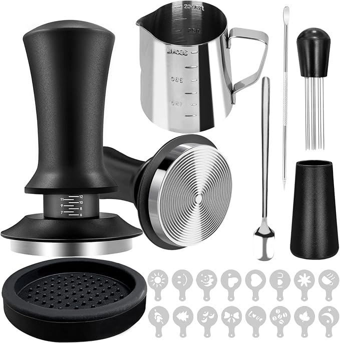 Yeelan 22 PCS Espresso Accessories, 51mm Coffee Espresso Tamper Set, with Espresso Tamper, WDT Tool, Coffee Stirrer, Frothing Pitcher, Latte Art Pen, Tamper Mat, Coffee Stencils for Espresso Machine