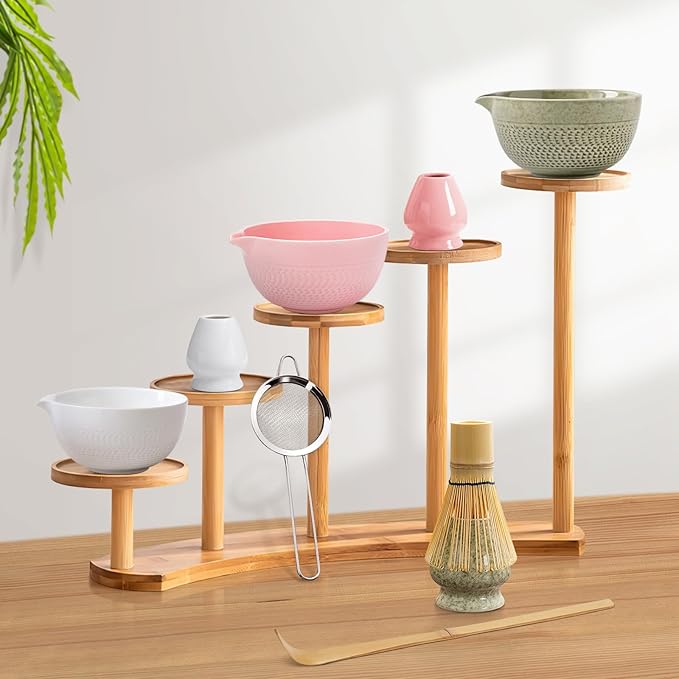 Matcha Whisk Set Pink, Ceramic Matcha Set Included Matcha Bowl with Spout, Matcha Whisk and Holder, Sifter, Bamboo Scoop, 5 Pcs Matcha Bowl and Whisk Kit for Matcha Lovers for Birthday Christmas