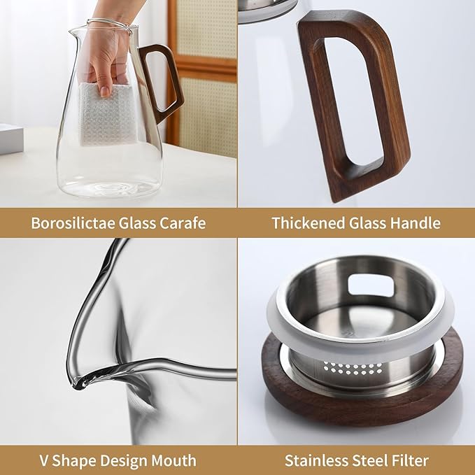 2L Glass Pitcher with Lid and Spout, Water Jug, 68OZ Carafe for Hot/Cold Water, Large Iced Tea Pitcher for Coffee, Juice and Homemade Beverage