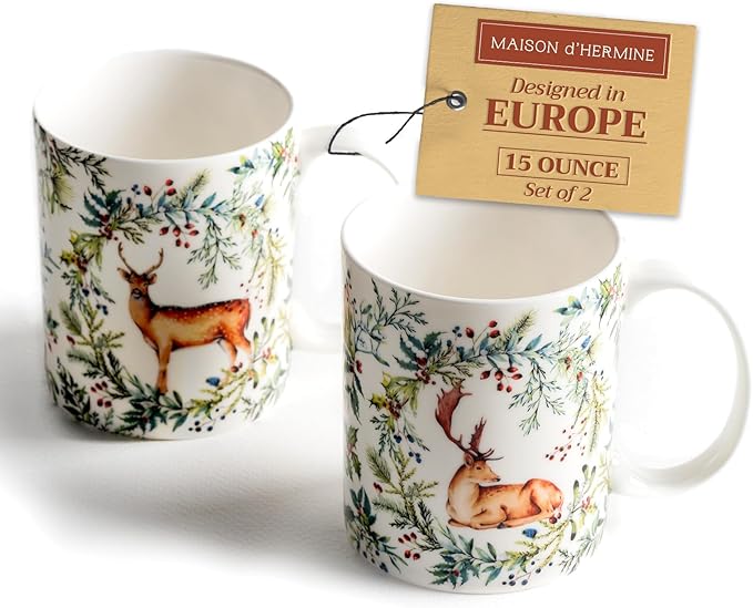 Maison d' Hermine Coffee Mug with Handles Fine Bone China Mugs Pack of Two Tea Cups for Hot Beverages Cappuccino Latte Home Restaurant Office Perfect for Gift (Holly Time, 15 Ounce)