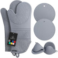 Rorecay 6pcs Oven Mitts and Pot Holders Sets for Kitchen, Extra Long Silicone Oven Gloves High Heat Resistant 500 Degrees Non-Slip Potholders Hot Pads for Baking Cooking, Grey