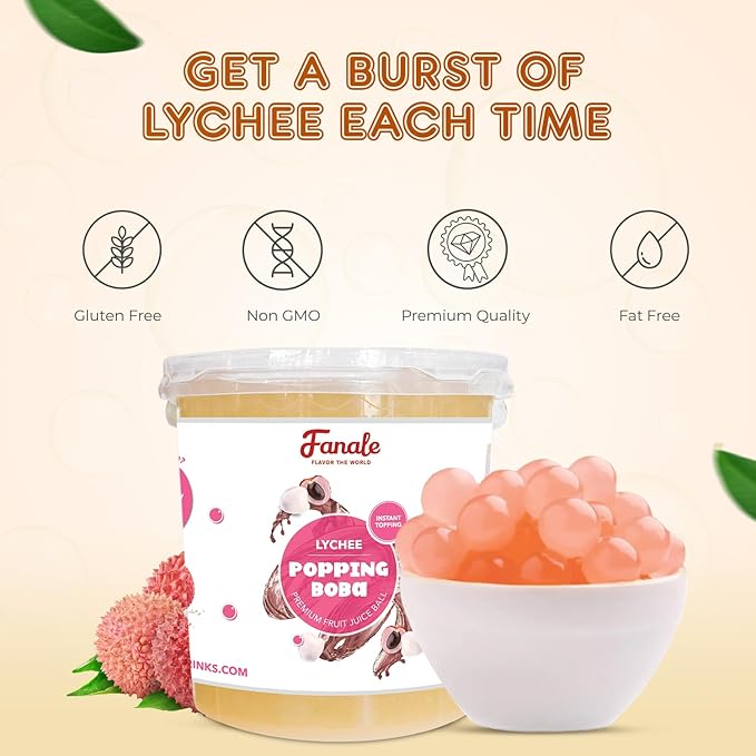 Fanale Lychee Popping Boba Pearls, Vegan, Non GMO, Gluten Free, Fat Free, Perfect for Bubble Tea, Smoothies, Ice Cream, Desserts, and Beverages.