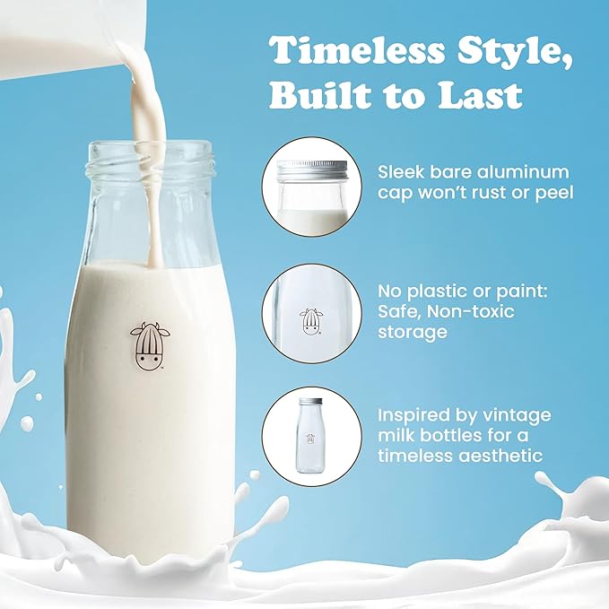Almond Cow 300ml Glass Jar with Rust-Resistant Aluminum Cap - Reusable, Eco-Friendly Storage for Plant-Based Milk, Creamers, Wellness Shots, and Ingredients - Minimalist, Vintage-Inspired Design