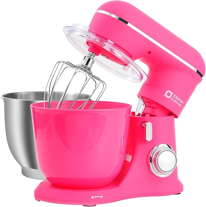 Kitchen in the box Stand Mixer, 4.5QT+5QT Two bowls Electric Food Mixer, 10 Speeds 3-IN-1 Kitchen Mixer for Daily Use with Egg Whisk,Dough Hook,Flat Beater (Neon Pink, 5QT)