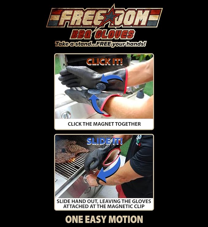 Freedom BBQ Gloves 932°F Heat Rated Magnetic EZ On Off Safety Clips Waterproof for Grills Smokers Fryers Ovens (14")
