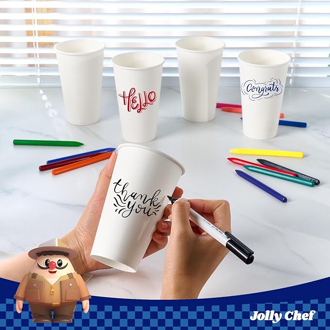 JOLLY CHEF 180 Count 16 oz Coffee Cups, White Drinking Paper Cups for Coffee, Water, Juice, or Tea, Suitable for Party, Picnic, Travel, and Events