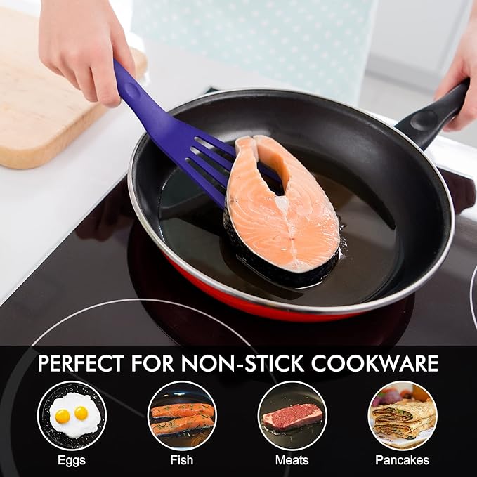 HOTEC 600℉ Heat Resistant Silicone Slotted Fish Turner Spatula Set, BPA Free Kitchen Cooking Spatulas, for Non Stick Cookware Dishwasher Safe Classic Blue, set of 2