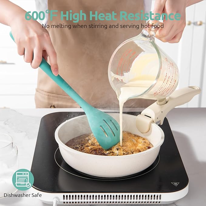 600ºF Heat Resistant Silicone Spoons: U-Taste 13.3in Solid & Slotted Kitchen Cooking Tool, Nonstick Long Rubber Utensil, Sturdy for Mixing, Serving, Stirring, Frying, Basting (Aqua Sky, 2PCS)