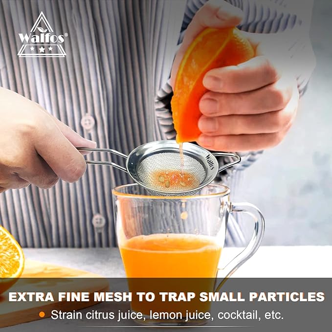 Walfos Small Fine Mesh Tea Strainer, Mini Stainless Steel Sieve with Handle, 2.8 Inch Kitchen Metal Sifter Strainers for Tea, Juicing, Coffee, Cocktail, Powdered Sugar, Matcha (2 Pack)