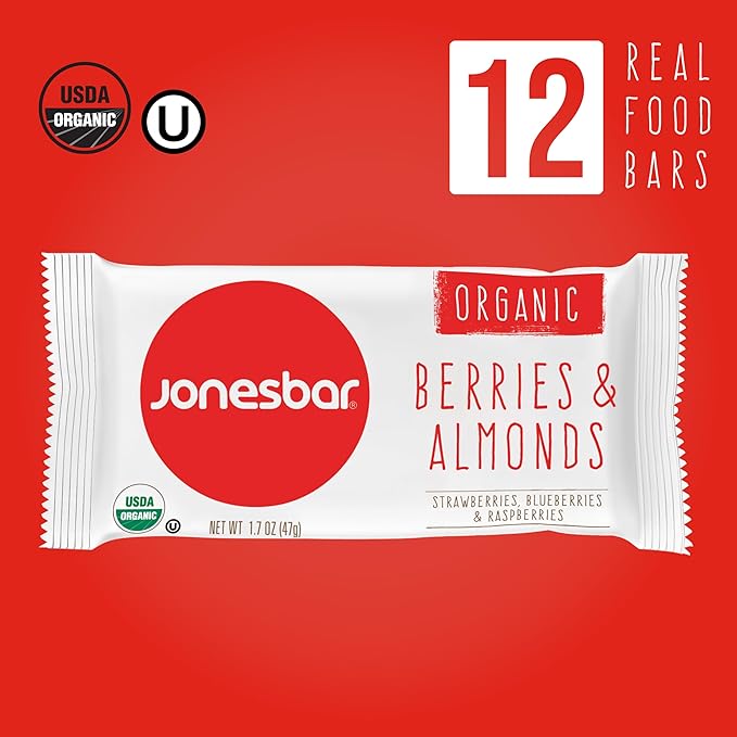 JONESBAR Organic Plant Based Protein Bars | Berries and Almonds | Fruit & Nut Bar, Kosher, Gluten Free, Breakfast Bars, School Snacks, Vegan Snack & Healthy Snacks for Adults and Kids (Pack of 12)
