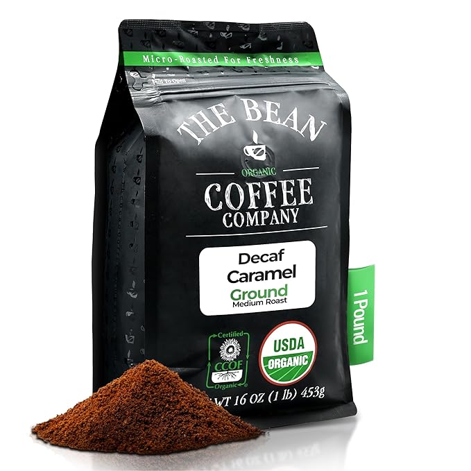 The Bean Organic Coffee Company Water Processed DECAF Caramel, Medium Roast, Ground Coffee, 16-Ounce Bag, Café Molido Tostado Orgánico descafeinado