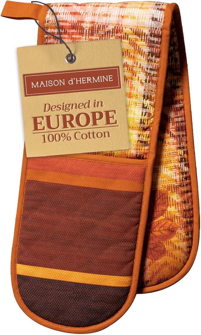 Maison d' Hermine Double Oven Mitts 100% Cotton 7"x35" Double Oven Mitt Heat Resistant BBQ Cooking Gloves with Loop, Baking, Grilling, Home, Kitchen, Handling Hot Pans (Thanksgiving Tartan)