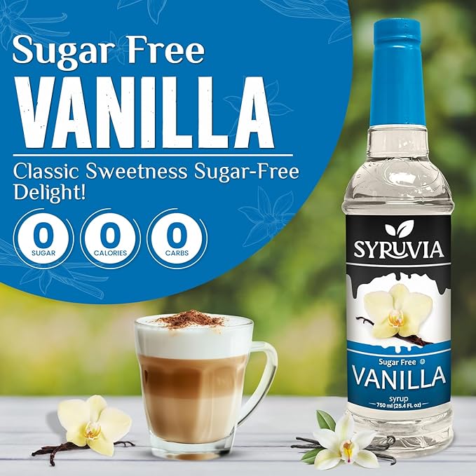 Syruvia Sugar Free Coffee Syrup, Vanilla Flavored Syrup for Drinks, Lattes, and Desserts – 25.4 fl oz