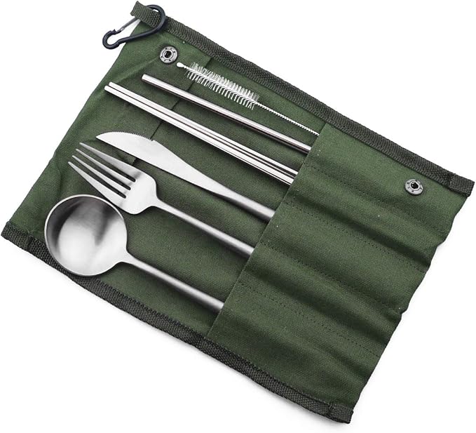 Gugrida Reusable Travel Utensils, 7 Pieces Portable 18/10 Stainless Steel include Knife Fork Spoon Chopsticks Cleaning Brush Straws Portable Pouch, Eco-friendly Camping Silverware Set, Dishwasher Safe