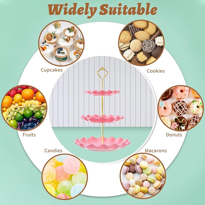 3 Tier Cupcake Stand Holder, BACUTHY Plastic Cup Cake Stand Tower with Tiered Serving Tray for Cupcakes, Donuts, Fruits and More, Pink