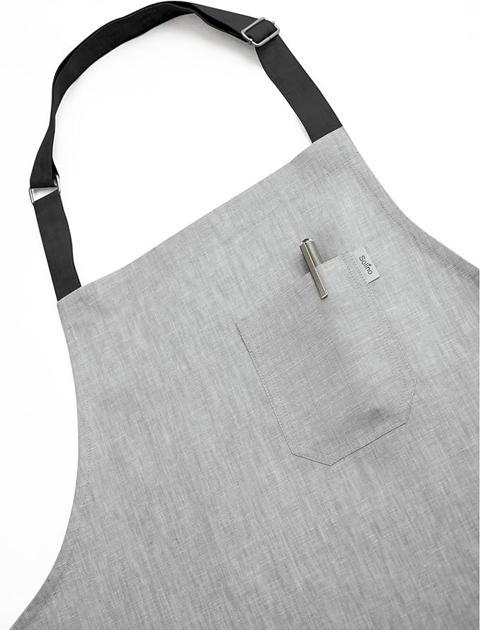 Solino Home Linen Kitchen Apron for Men & Women - 100% Pure Linen Light Grey/Black Bib Apron with Front Pockets - Handcrafted from European Flax