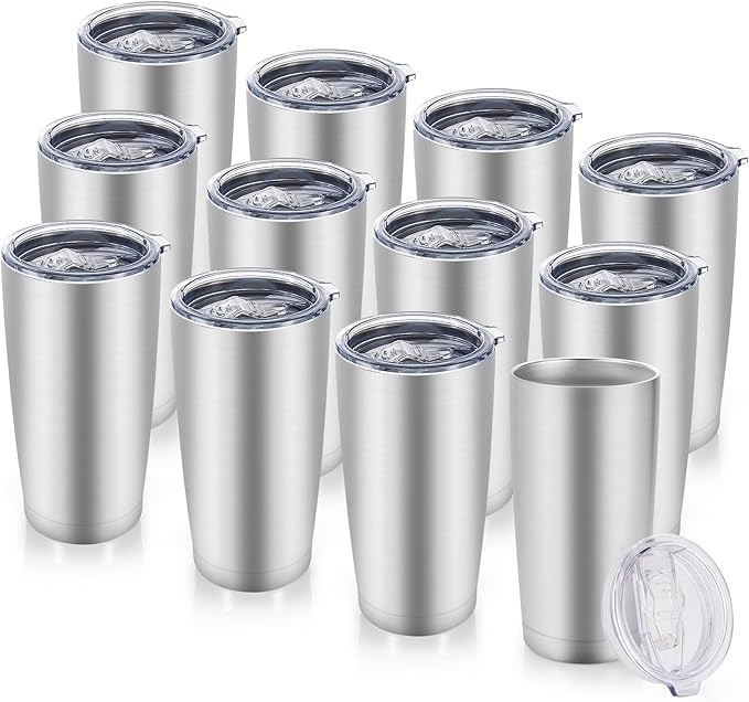 20 oz Tumblers Bulk Stainless Steel Tumbler with Lid Double Wall Vacuum Insulated Coffee Mug 20oz Powder Coated Cup for Hot and Cold Drinks, Stainless, 12 pack