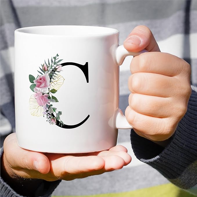 Retreez Initial A-Z Floral Botanical Bouquet Alphabet Monogrammed Monogram Mug 11 Oz Ceramic Tea Coffee Mugs - Appreciation Thank You Wedding Birthday Gifts for her friend coworker sister - C Initial