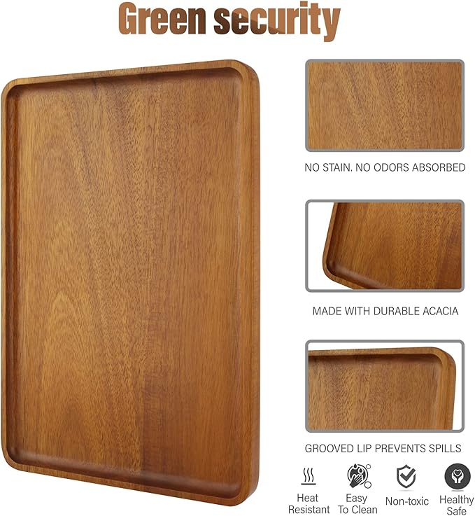2 PCS 13 x 9 in Solid Acacia Wood Serving Trays Rectangular Wooden Serving Platters Natural Wooden Boards for Bar Coffee Party