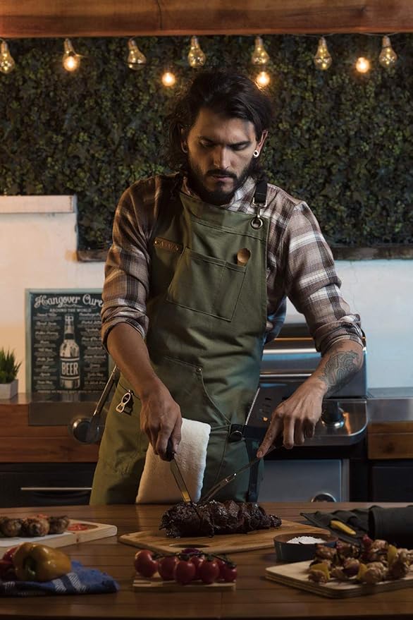 Asaya Chef and BBQ Apron with Bottle Opener and Hand Towel - 10oz Cotton Canvas, Stainless Steel Hardware - Cross Back Straps