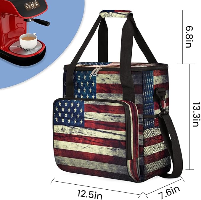 Vintage American Usa Flag Coffee Maker Carring Bag Travel Storage Tote Bag Compatible with Keurig K-Mini or K-Mini Plus Portable Single Serve Coffee Brewer Case with Pockets for K-cup Pods