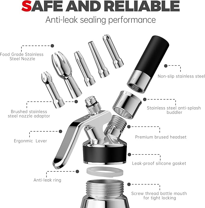 Whipped Cream Dispenser Stainless Steel Keep Warm and Cold,500mL/1 Pint Double Wall Thermos Whipped Cream Maker,5 Various Stainless Decorating Nozzles,1 Cleaning Brush,N2O Chargers NOT Included