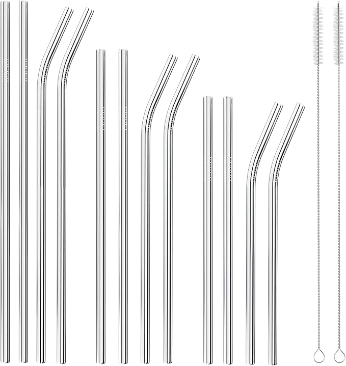 Set of 12 Reusable Stainless Steel Straws,0.31'' wide 3 Size - 12.2''10.5''8.5''Long Reusable Straw Chocolate Milk Straws with 2 Cleaning Brush for 10/20/30/40 oz