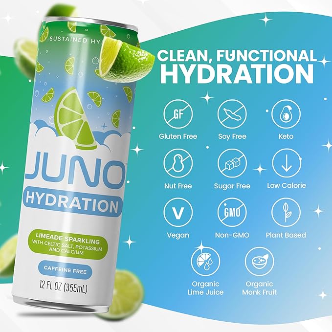 JUNO HYDRATION Drink Limeade Sparkling - Sugar Free Electrolytes, Organic Monk Fruit & Organic Lime Juice, Hydrating with Celtic Salt, Potassium, Calcium - Premium Beverage, 12 Pack