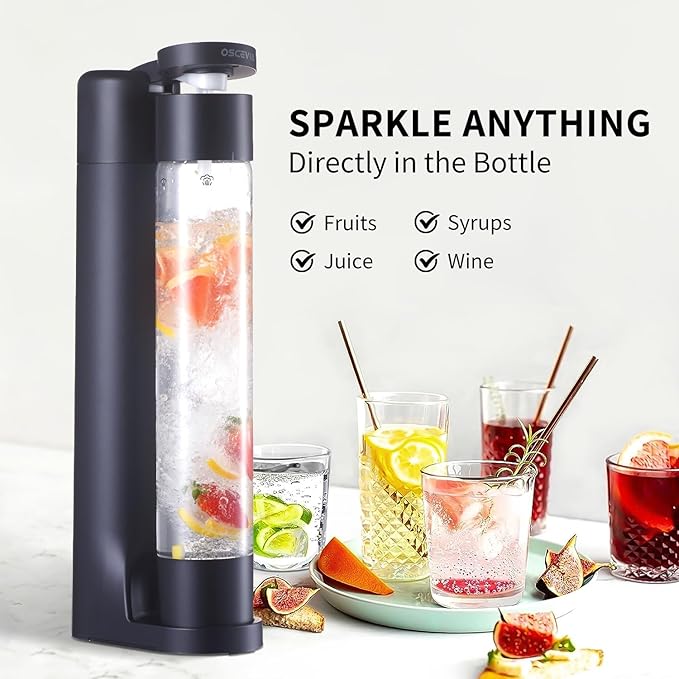 Sparkling Water Machine Soda Maker Beverage Drink Dispenser for Home, Soda Streaming with 1L BPA Free Bottle, 2 Portable Bottle for travel, Seltzer & Carbonator Srew-in 60L CO2 (NOT Included), Black