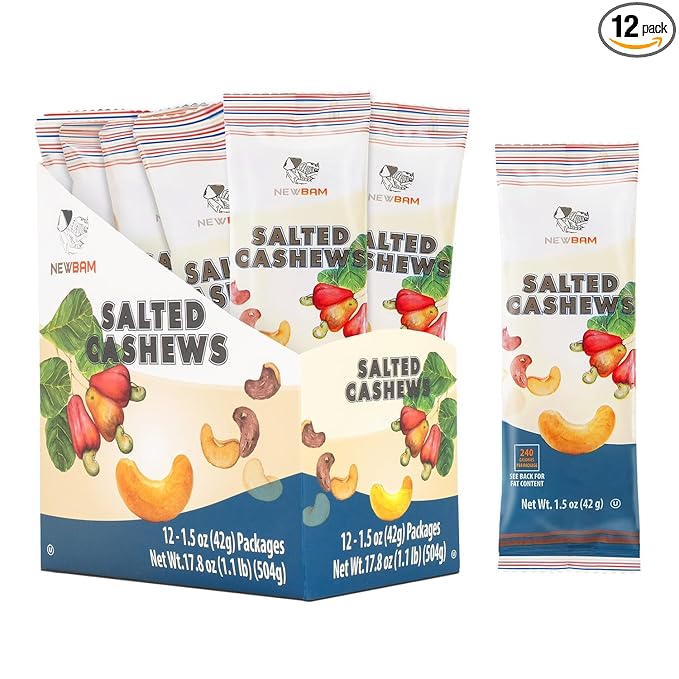 NEWBAM Lightly Salted Cashews Individual Packs - 12 Cashew Snack Packs Roasted Nuts (1.5oz Each) – Keto, Vegan, Gluten-Free - Healthy Snacks for Trail Mix, Office, or Party - Zero Sugar