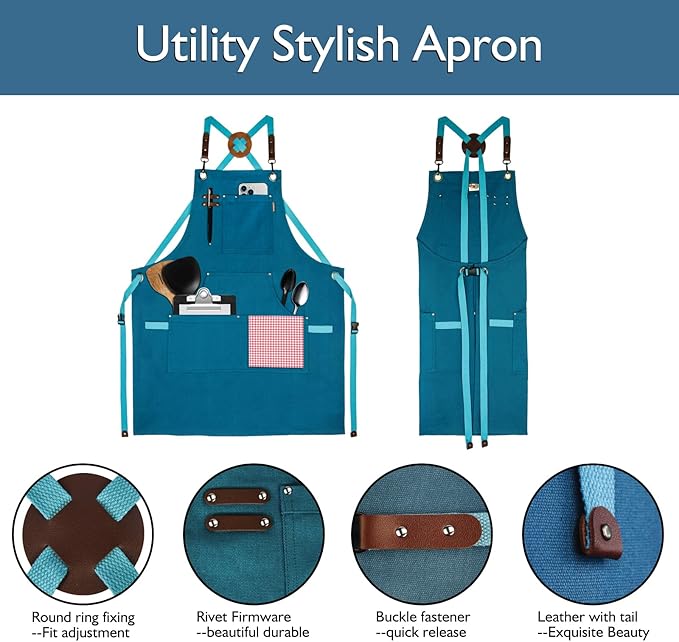Kitchen Apron, Work Apron, Canvas, Multiple Pockets, Gardening, Painting, BBQ, Artist, Carpenter, Sizes M to XXL, Blue