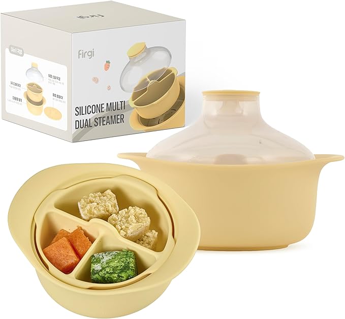 48oz Platinum Silicone 3 Compartmented Microwave Steamer Pot with Handle & Lid - Korean 100% Food-Grade Steamer Bowl, Heat-Resistant Cooker with Steam Holes, Easy Clean, Dishwasher Safe, Yellow