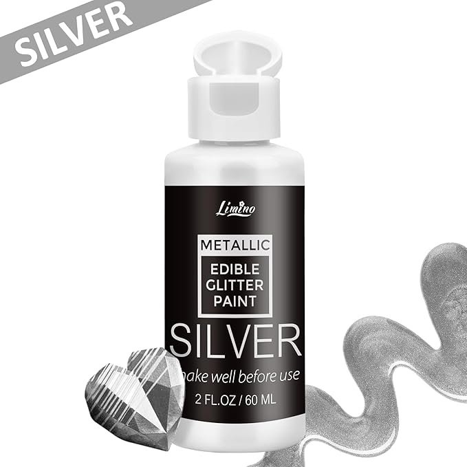Edible Glitter Paint - 2 fl.oz Food Grade Metallic Glitter Cake Paint for Cake Decorating, Baking, Cupcakes - Shimmer Art Decorative Liquid Edible Paint Food Coloring for Fondant, Donuts (Silver)