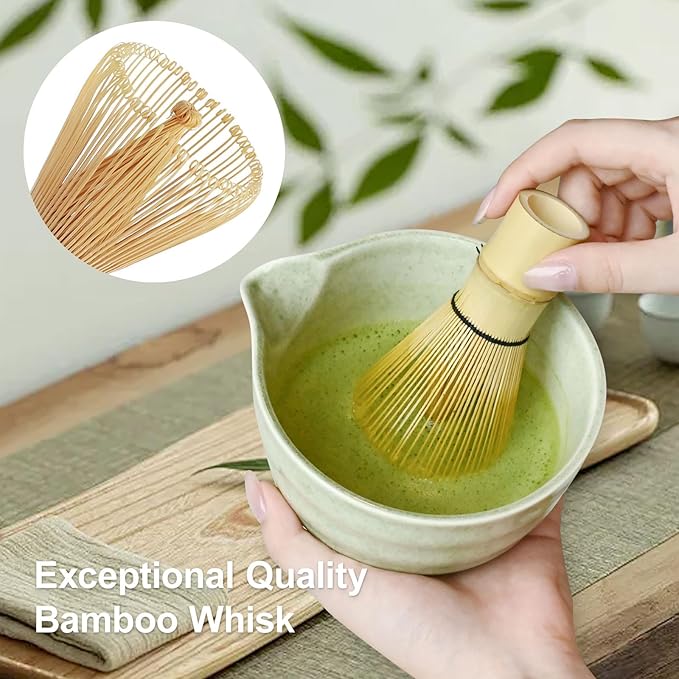 Green Matcha Whisk Making Set - Japanese Tea Kit with Whisk Bowl and Bamboo Scoop Ceramic Chawan with Spout for Traditional Tea Ceremony Complete Matcha Making Tools Gift for Tea Lovers (Green, 7 PCS)