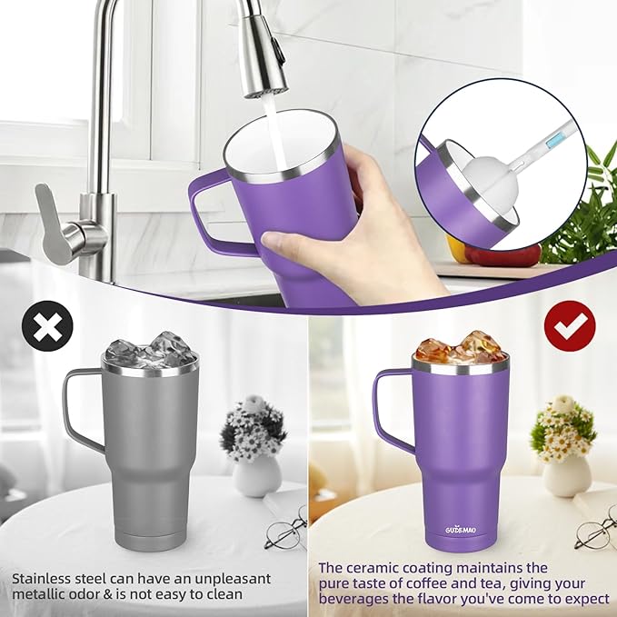 20 oz Insulated Coffee Mug with Ceramic Coating, Stainless Steel Travel Mug Tumbler with Handle Lid and Straw, Double Wall Leak-Proof Coffee Travel Mug Keeps Drink Hot and Cold (Purple)