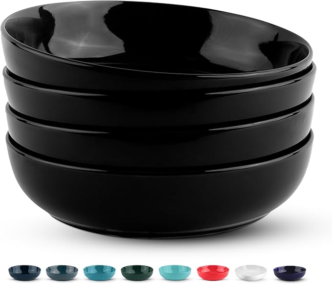 KooK Pasta Bowl, Salad Bowls, Soup, Serving Bowls, Ceramic, Large Capacity, Microwave & Dishwasher Safe, Set of 4, 40 Oz,(Black)