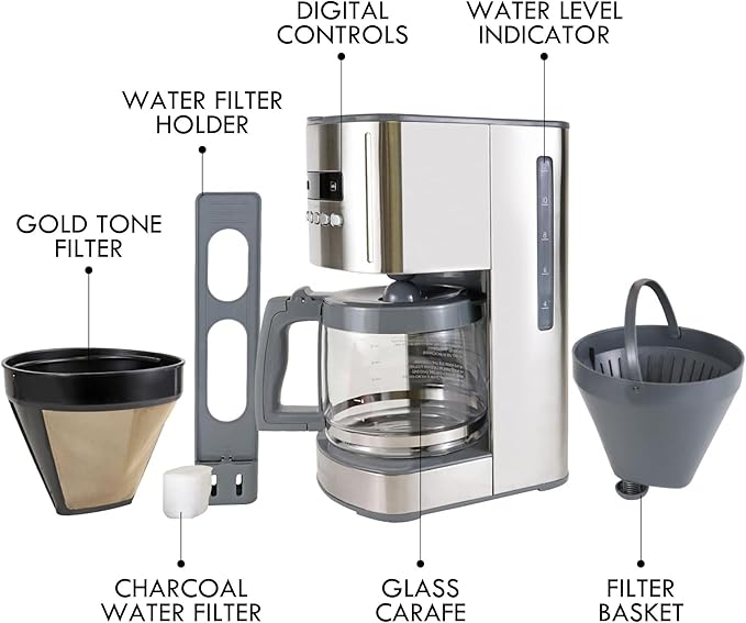 Kenmore Drip Coffee Maker - Programmable Cafe Machine With Glass Pot, Regular & Bold Brew, Auto Shut Off Large Water Reservoir, Reusable Filter, Kitchen Appliances For Cafeteria Barista, 12 Cup, White