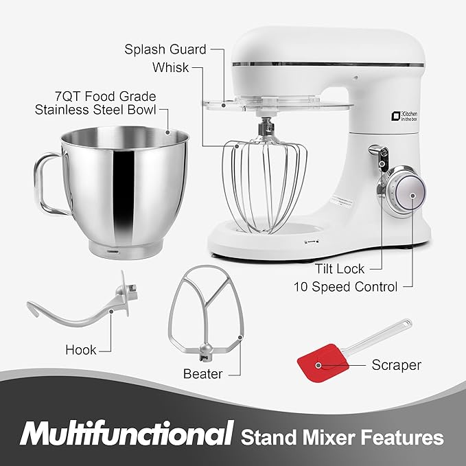 Kitchen in the box 7QT 900W 10-Speed Stand Mixer, Tilt-Head Kitchen Electric Mixer with Dough Hook, Whisk & Flat Beater(Frost White)