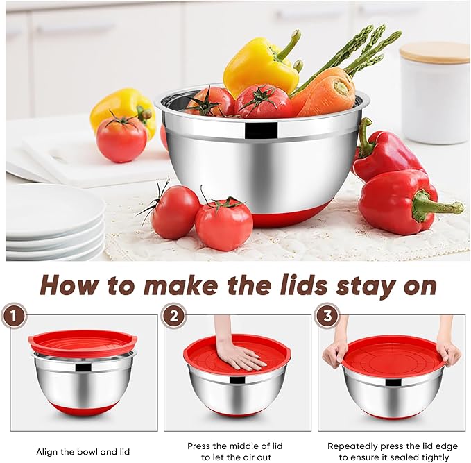 TeamFar Mixing Bowls with Lids Set, 7/3.5/2.5/1.5/1 QT, Stainless Steel Large Red Nesting Metal Salad Mixing Bowl Set of 5, Healthy & Easy Clean, Airtight Lid & Non-slip Bottom